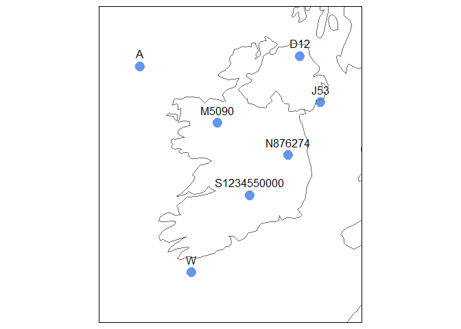A map of Ireland with a dot at the south-west corner of each sample grid reference.