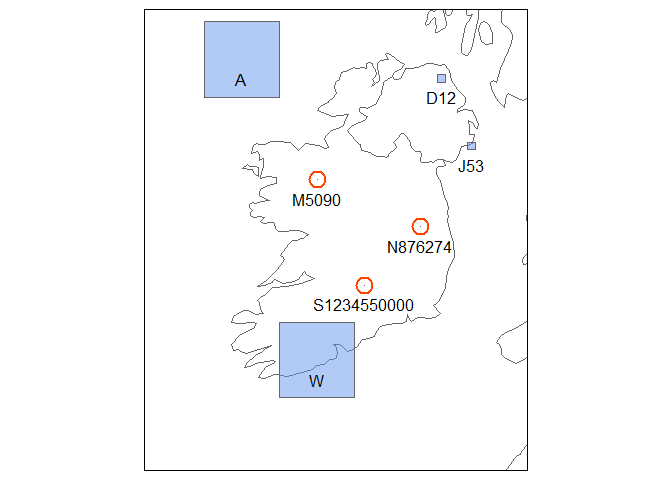 A map of Ireland with polygons spanning each sample grid reference. The polygons range in size from 100 km square to 1 m square.