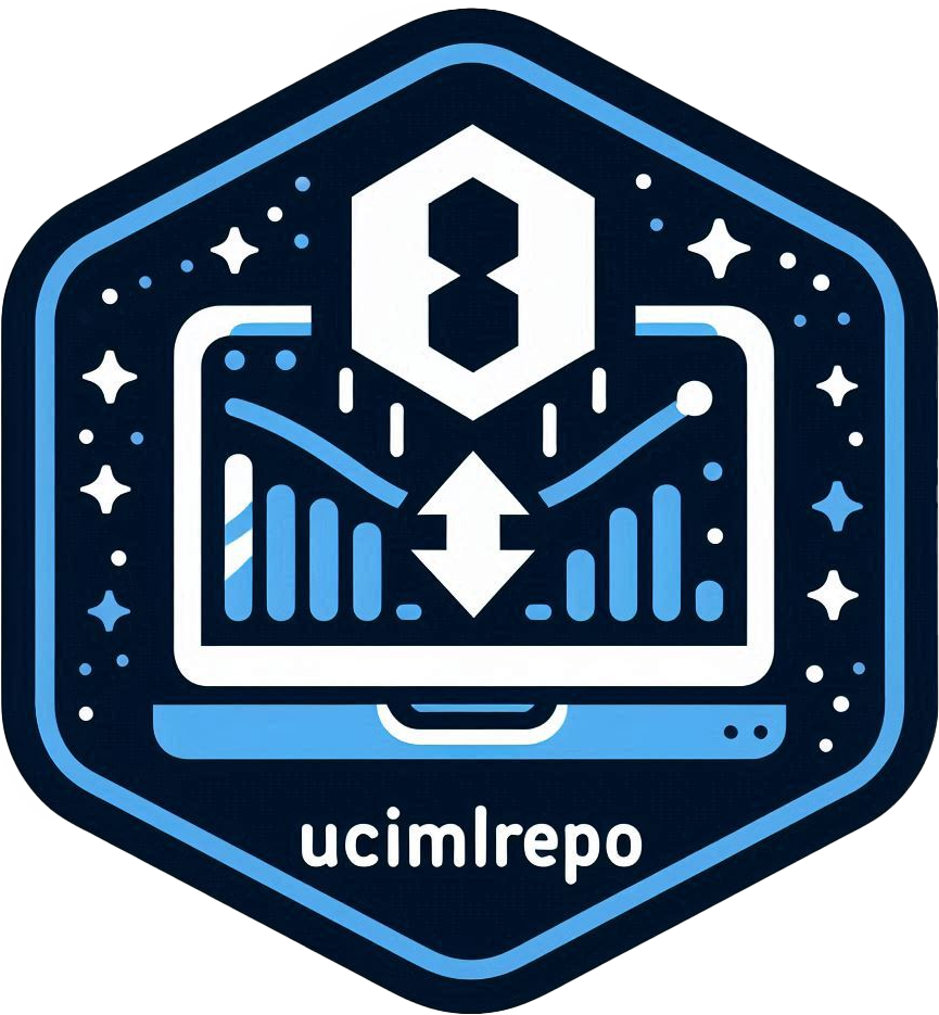 A hexagonal logo of the ucimlrepo R package that shows data being downloaded from a repository